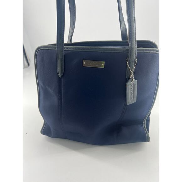 Vintage Coach Tote Bag Navy Blue Purse Shoulder Zipper Pockets Stretchy Fabric - Picture 1 of 16